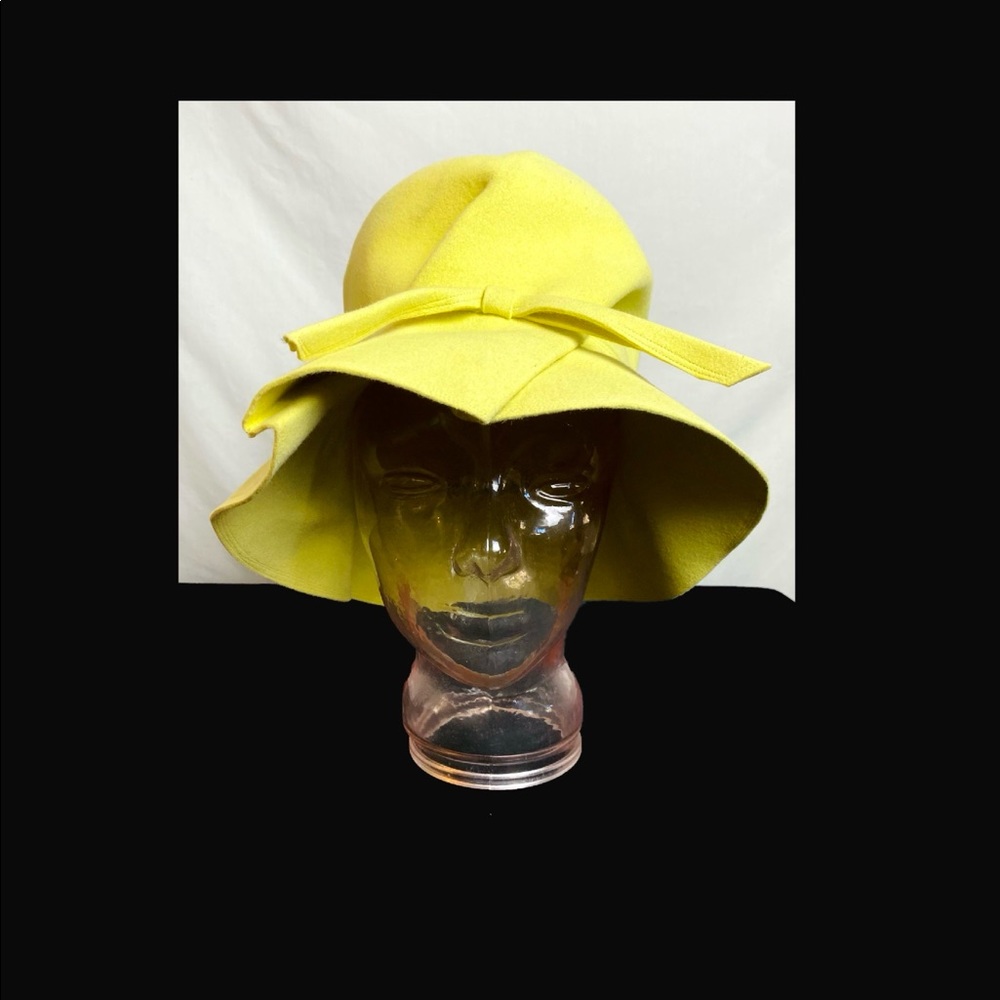 60s lemon yellow Garbo hat with floppy brim.